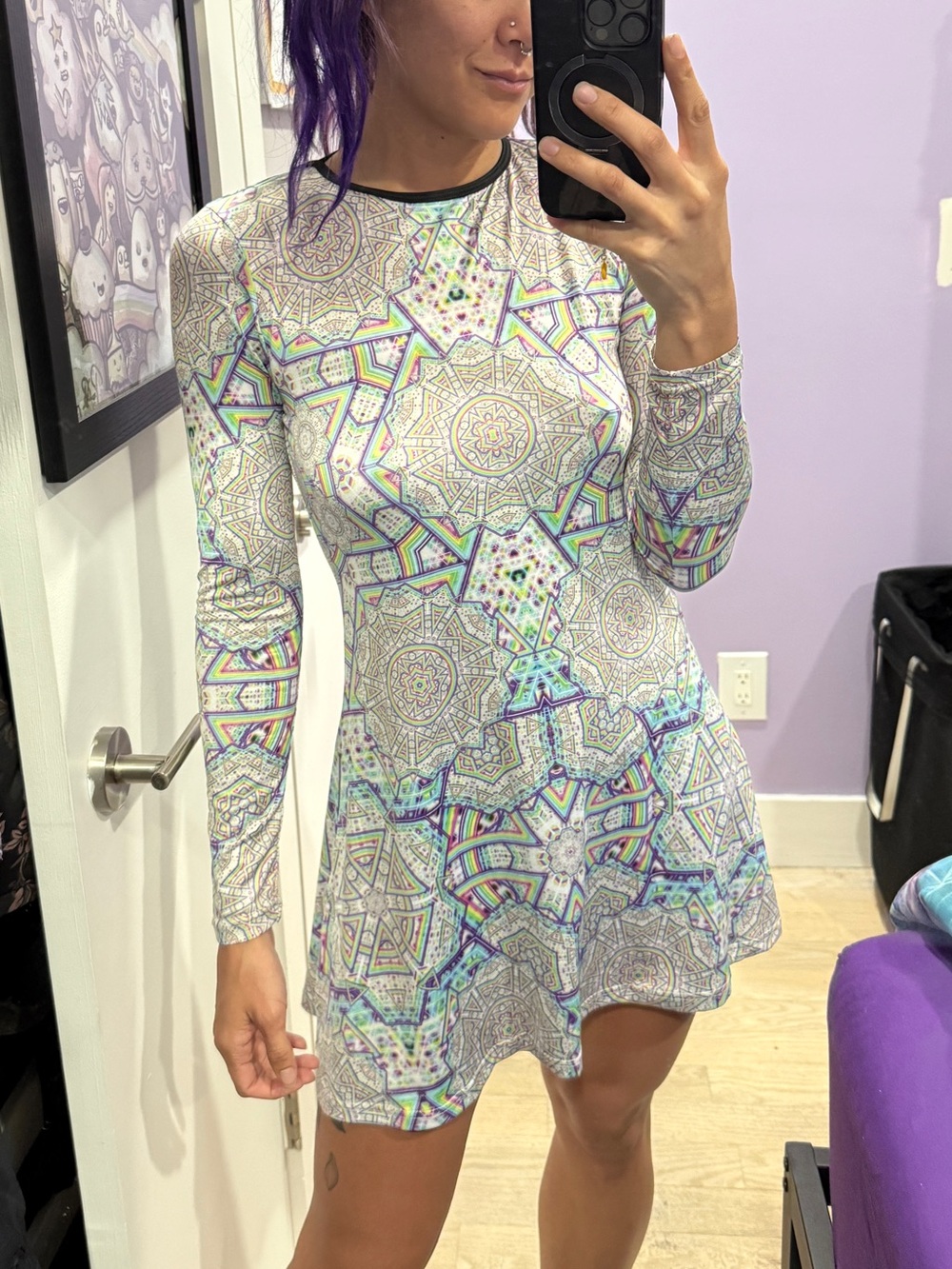 The Headspace Silver Geometric Long Sleeve Flare Dress